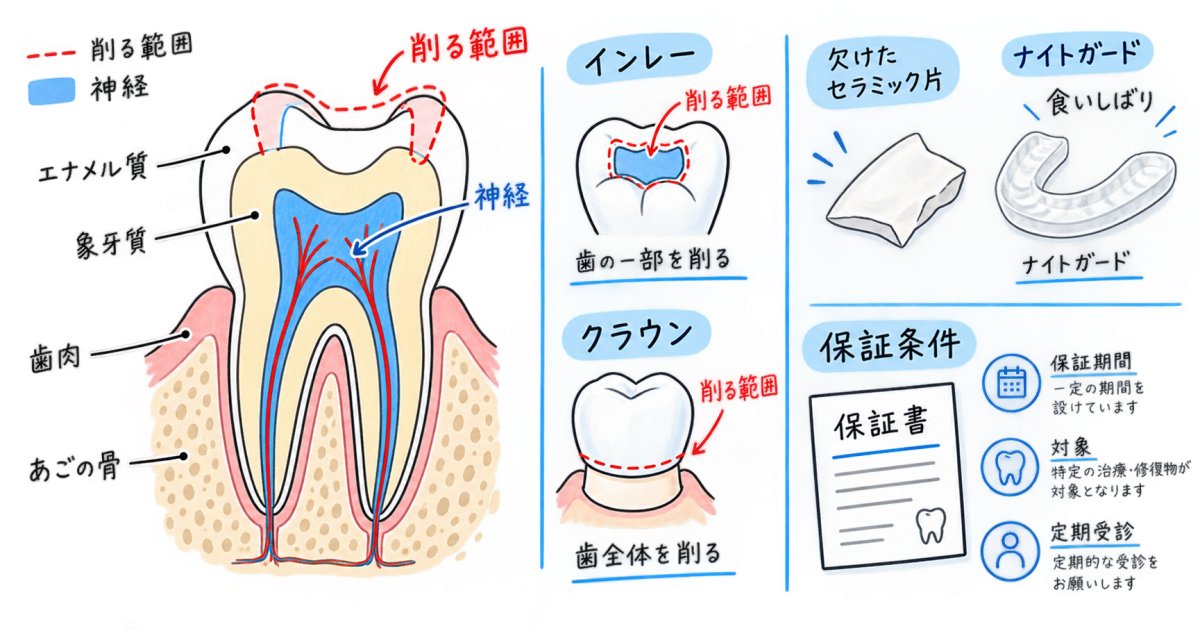 セラミック治療のリスクと注意点、歯を削る量や保証制度の事前確認